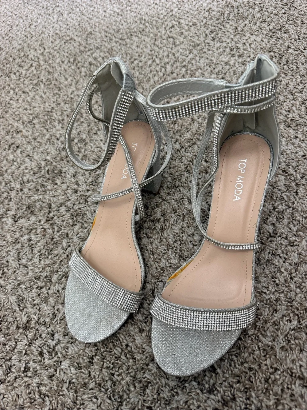 TOP Moda Silver Rhinestone Block Heel Sandals with Ankle Strap